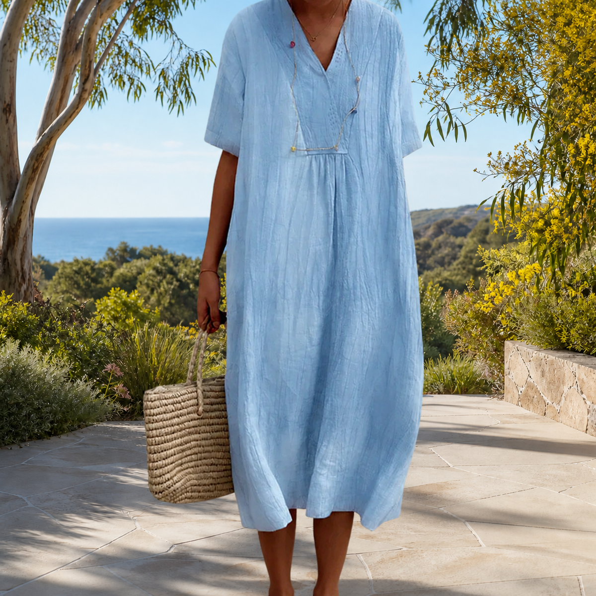Bequemes Frühlingskleid Damen Blau – Weiss Modehaus