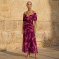 Elegantes Kleid mit Blattmuster Damen Celeste Violett – Weiss Modehaus