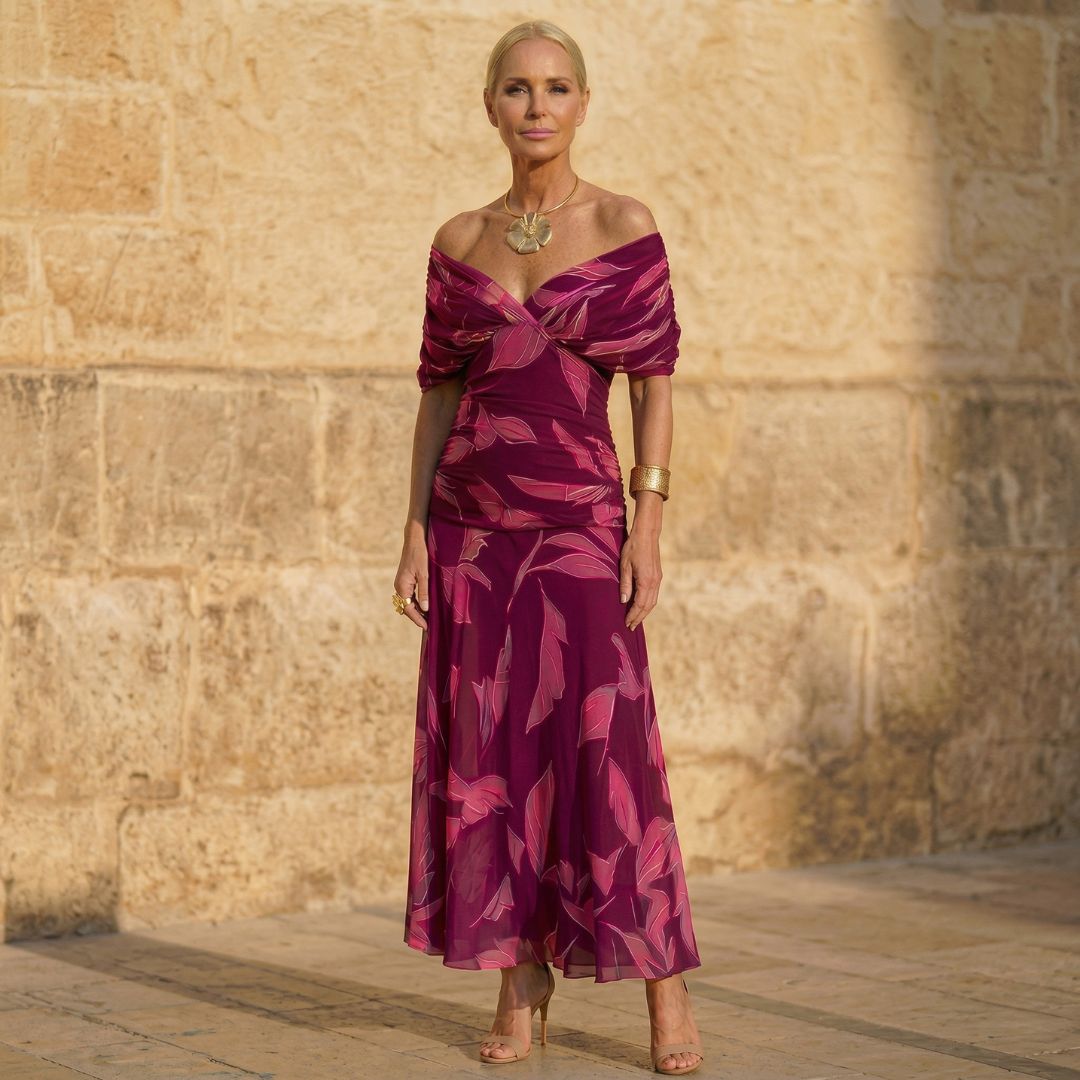 Elegantes Kleid mit Blattmuster Damen Celeste Violett – Weiss Modehaus