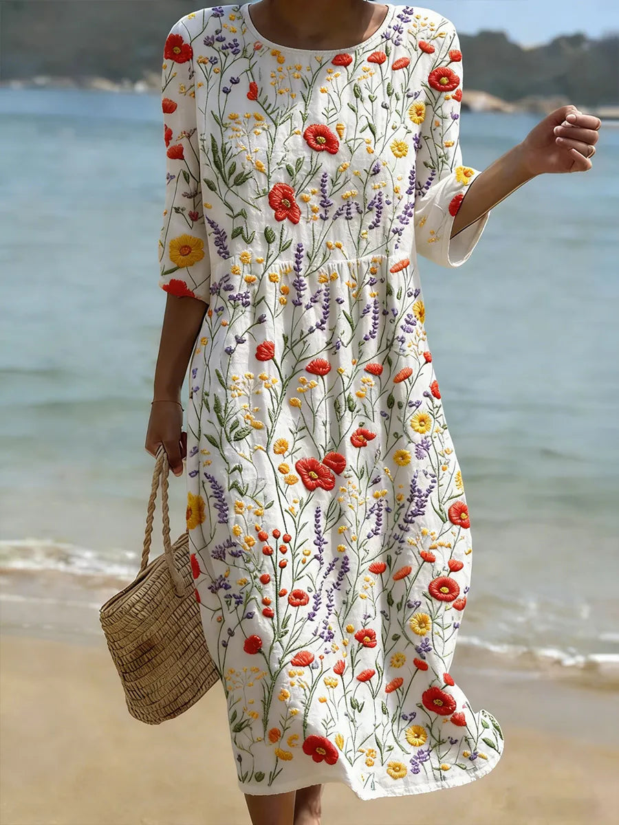 Christina | Blumenmuster Rundhals Maxi Kleid