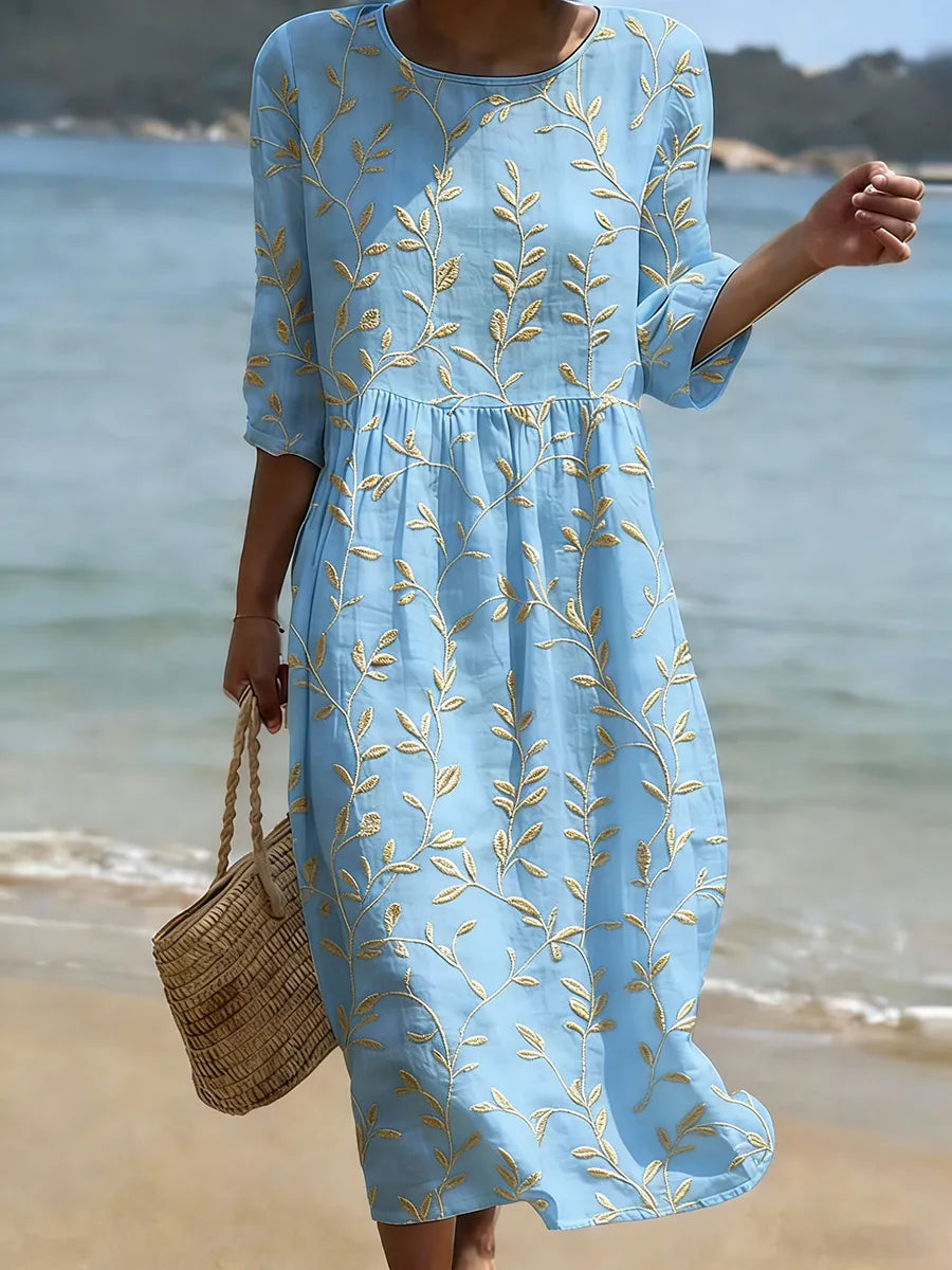 Natalie | Pflanzen- und Blumenmuster Rundhals Midi Kleid