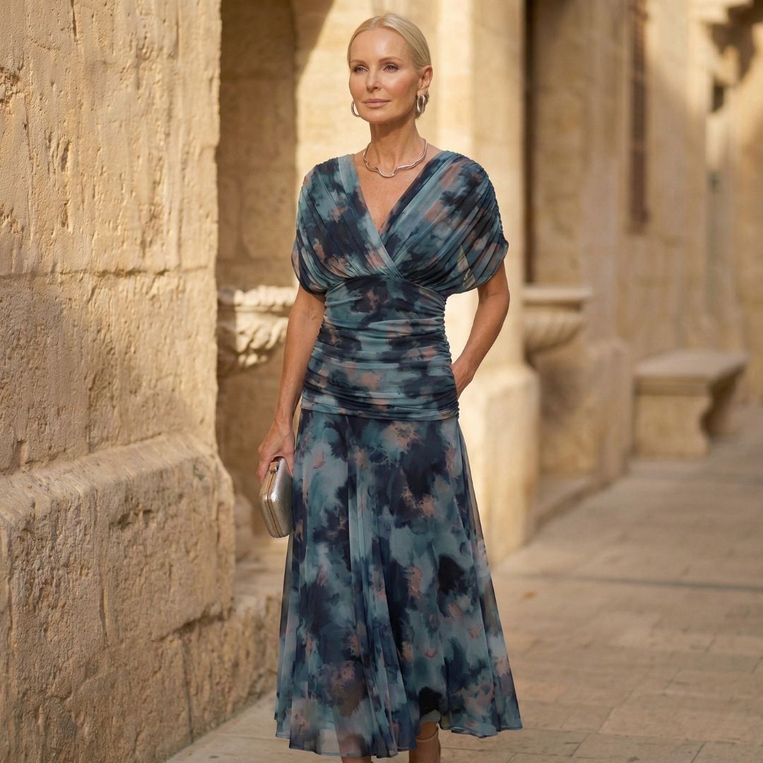 Elegantes Blaues Kleid Damen Luna Blaue Aquarell – Weiss Modehaus