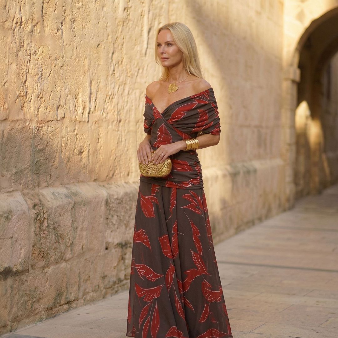 Elegantes Kleid mit Blättermuster Damen Poppy Rot – Weiss Modehaus