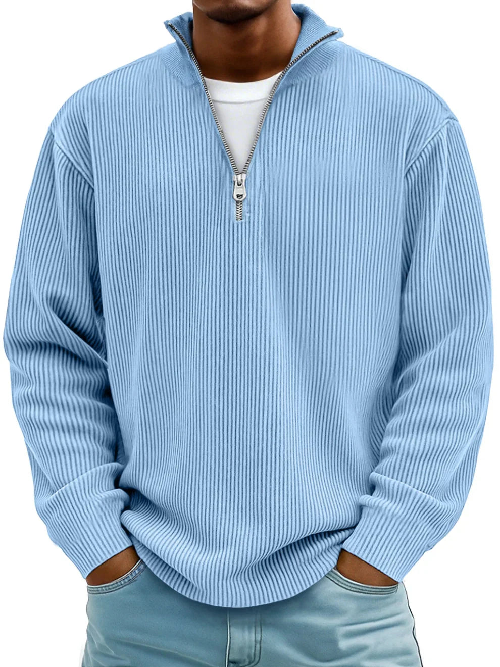 Rippstrickpullover mit Reißverschluss Marc Himmelblau – Weiss Modehaus