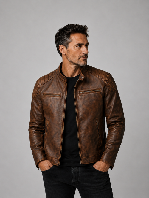 Herrenjacke aus strukturiertem Leder Alberto Zigarrenbraun – Weiss Modehaus