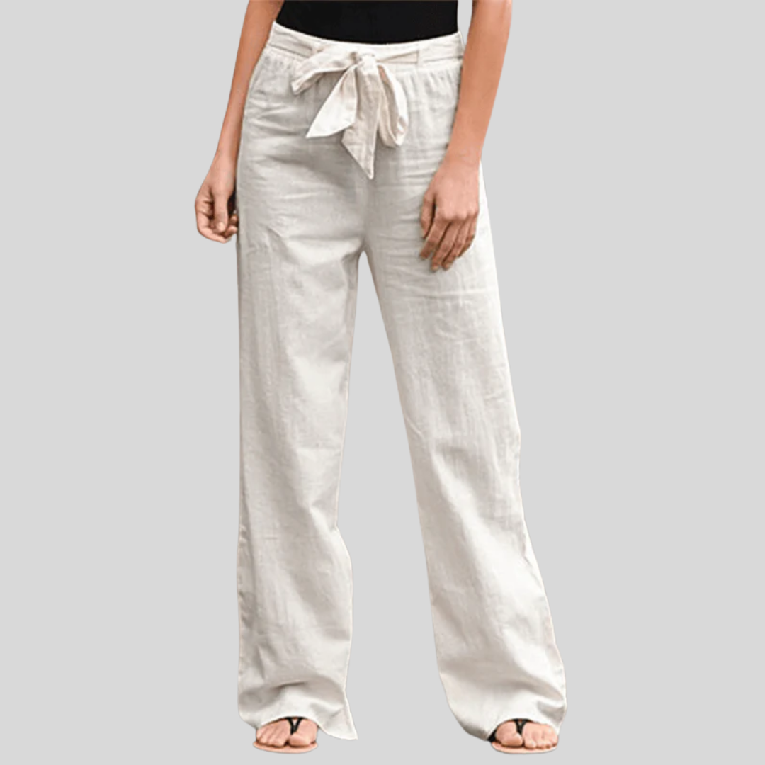 Damen Relaxhose mit Kordelzug und elastischem Bund Joleen Beige – Weiss Modehaus