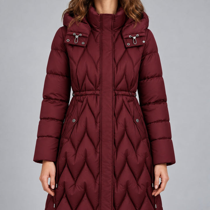 Maxi-Daunenjacke mit Taillierung Damen Lorella Weinrot – Weiss Modehaus