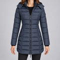 Langer Slim-Puffer mit Kapuze Damen Lucrezia Marineblau – Weiss Modehaus