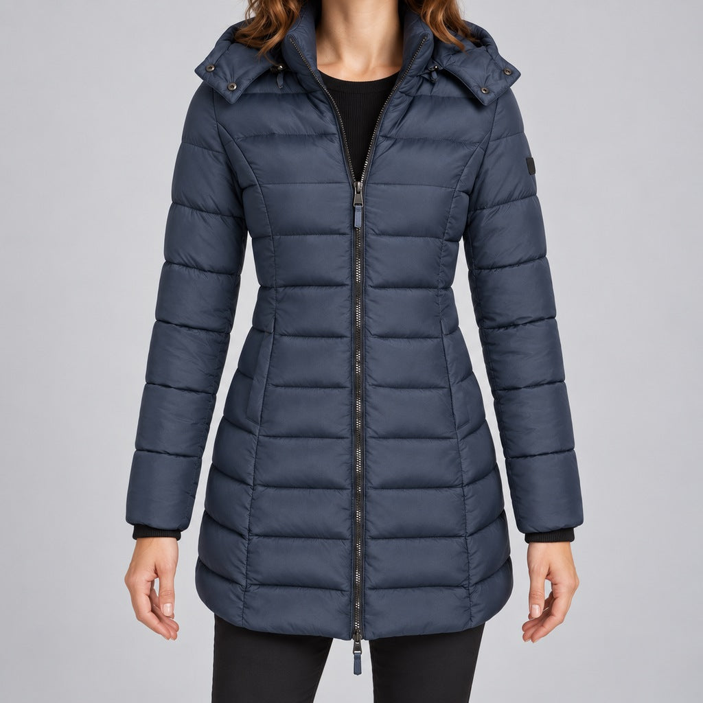 Langer Slim-Puffer mit Kapuze Damen Lucrezia Marineblau – Weiss Modehaus