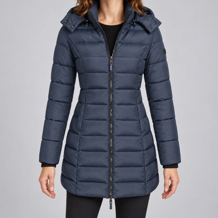 Langer Slim-Puffer mit Kapuze Damen Lucrezia Marineblau – Weiss Modehaus