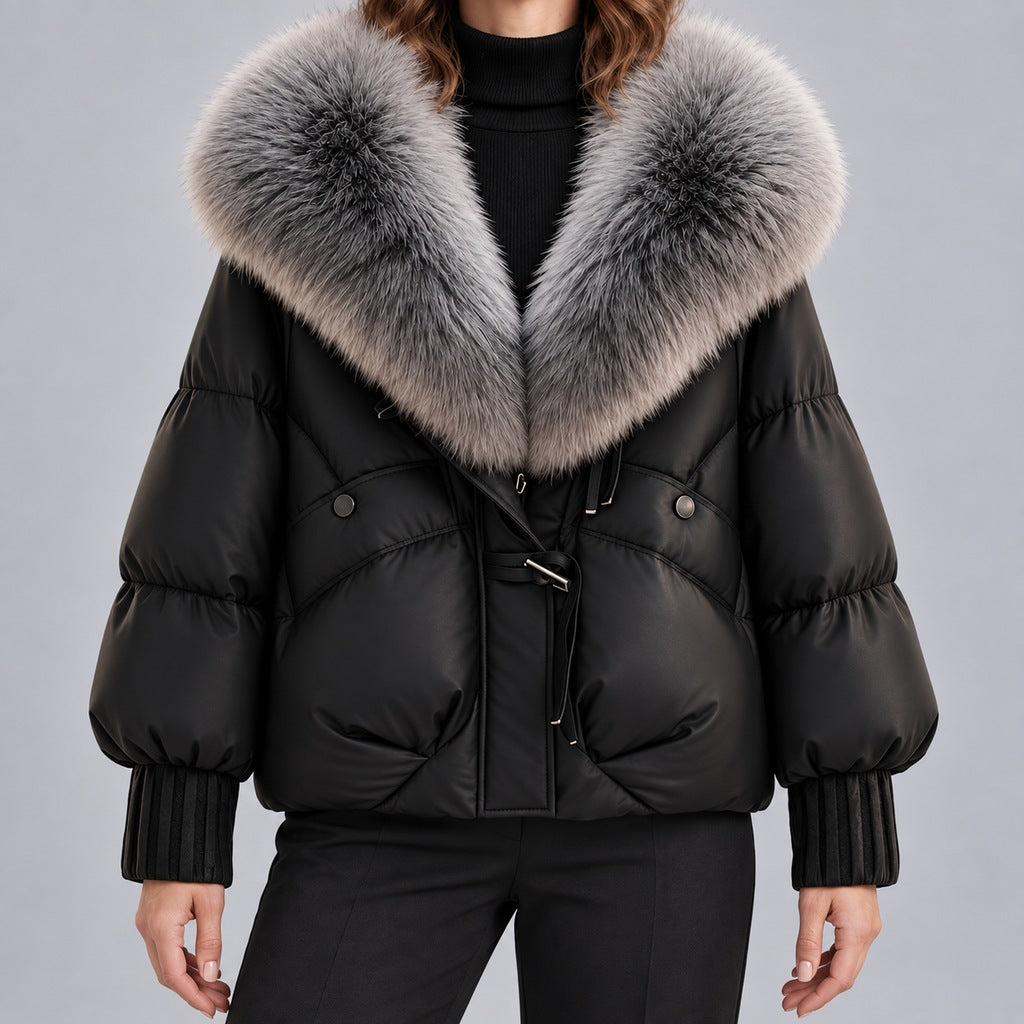 Glänzende Daunenjacke mit Kunstpelzkragen Damen Lidia Schwarz – Weiss Modehaus
