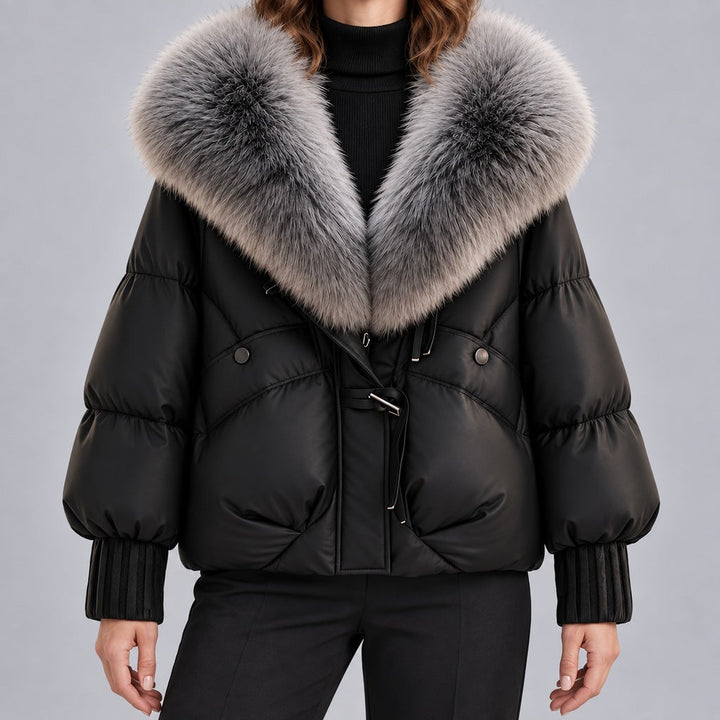 Glänzende Daunenjacke mit Kunstpelzkragen Damen Lidia Schwarz – Weiss Modehaus