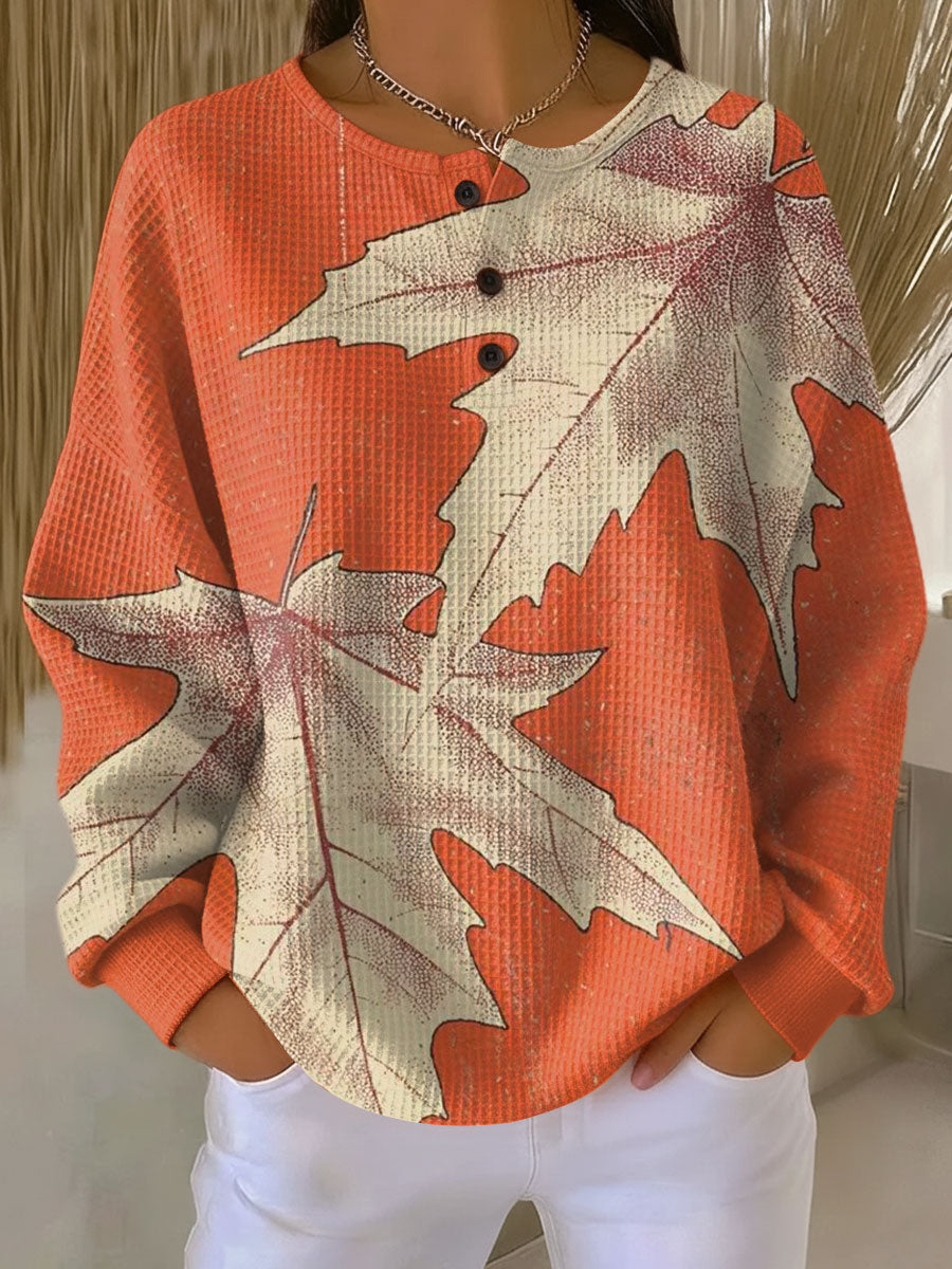 Orange Pullover mit Herbstblättern Damen Maite Orange – Weiss Modehaus