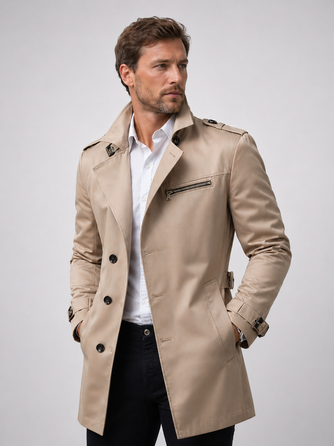 Herren Doppelreiher-Trenchcoat mit Gürtel Livio Hellbeige – Weiss Modehaus