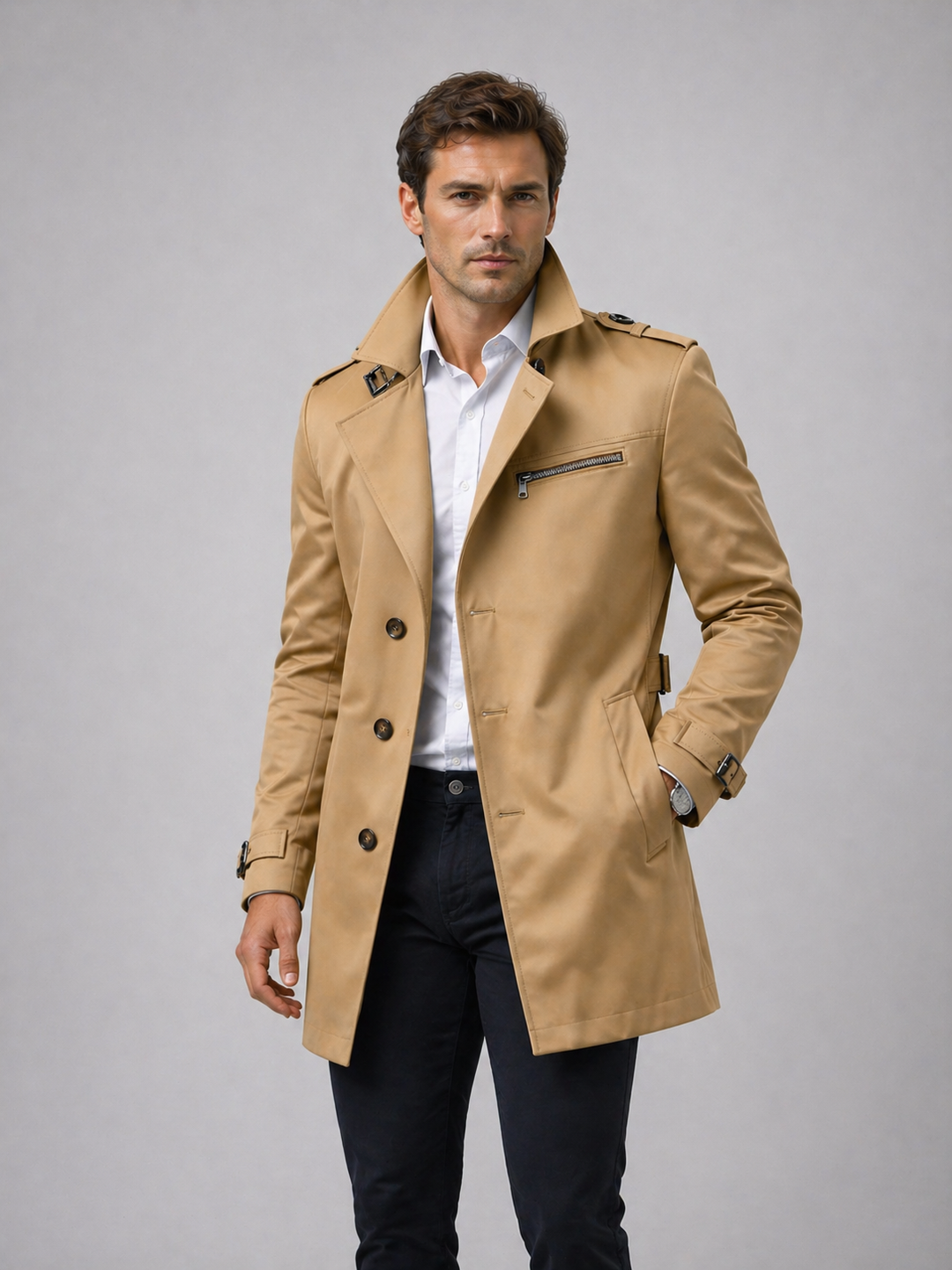 Herren Doppelreiher-Trenchcoat mit Gürtel Livio – Bild 2