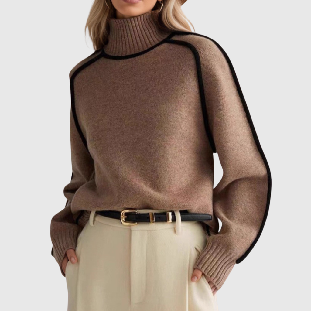 Eleganter Pullover mit hohem Kragen Donna Braun – Weiss Modehaus