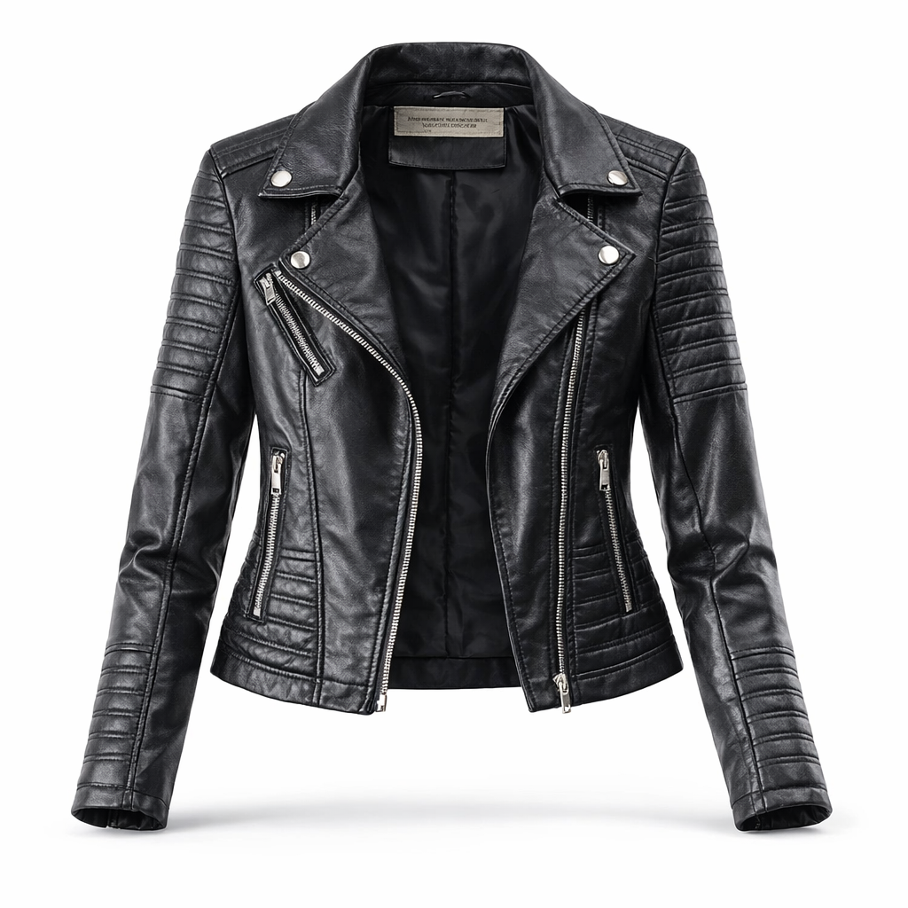 Chiodo aus echtem Leder mit Steppung Damen Roma Schwarz – Weiss Modehaus