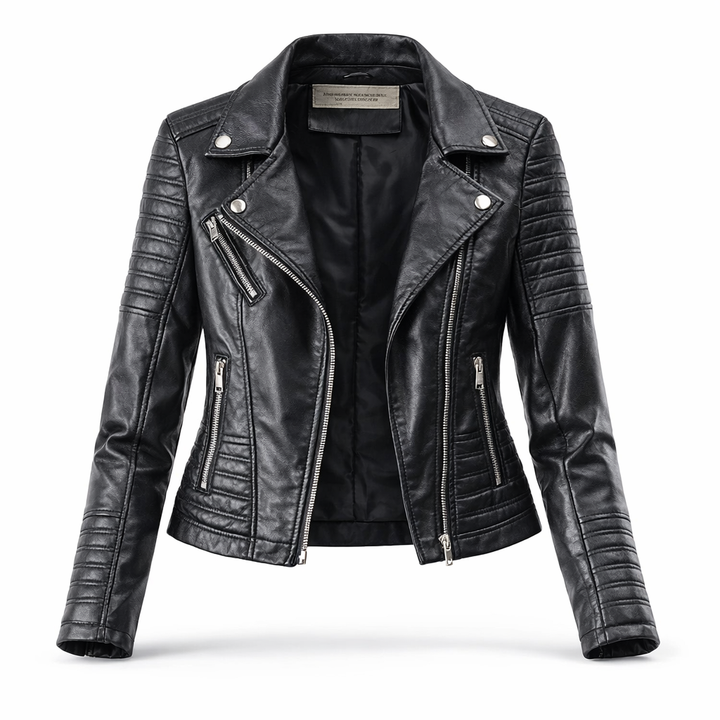 Chiodo aus echtem Leder mit Steppung Damen Roma Schwarz – Weiss Modehaus