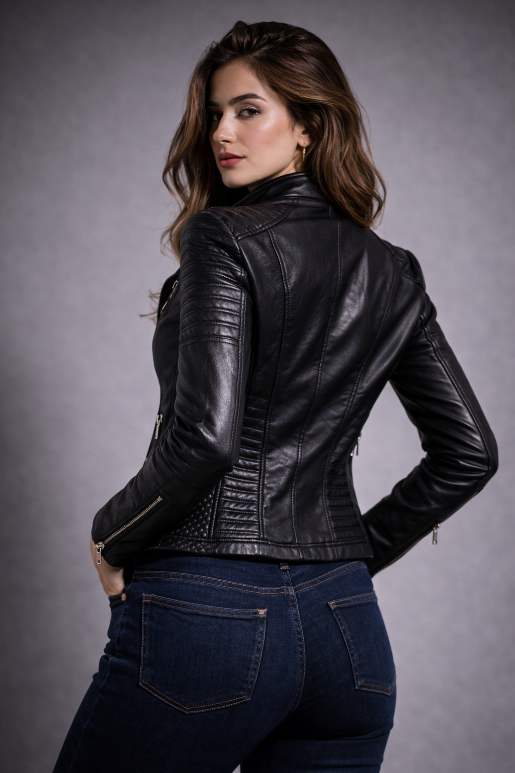 Chiodo aus echtem Leder mit Steppung Damen Roma – Bild 4