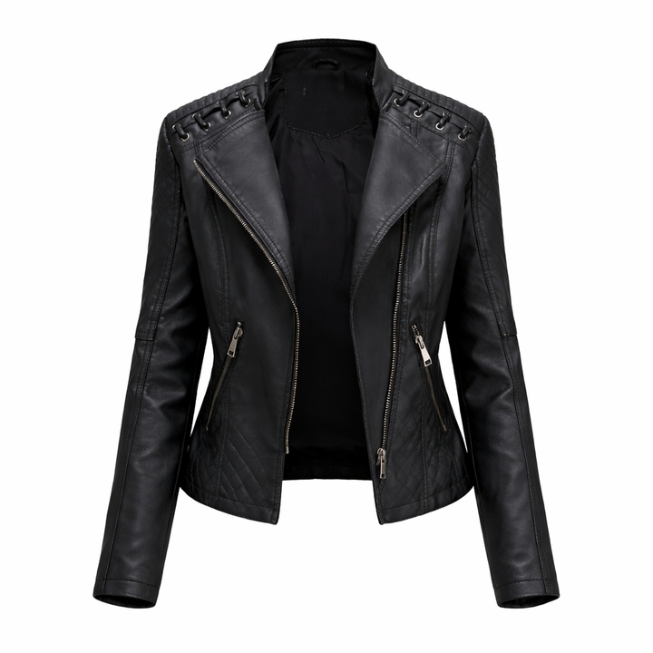 Steppjacke aus echtem Leder Damen Voug Schwarz – Weiss Modehaus