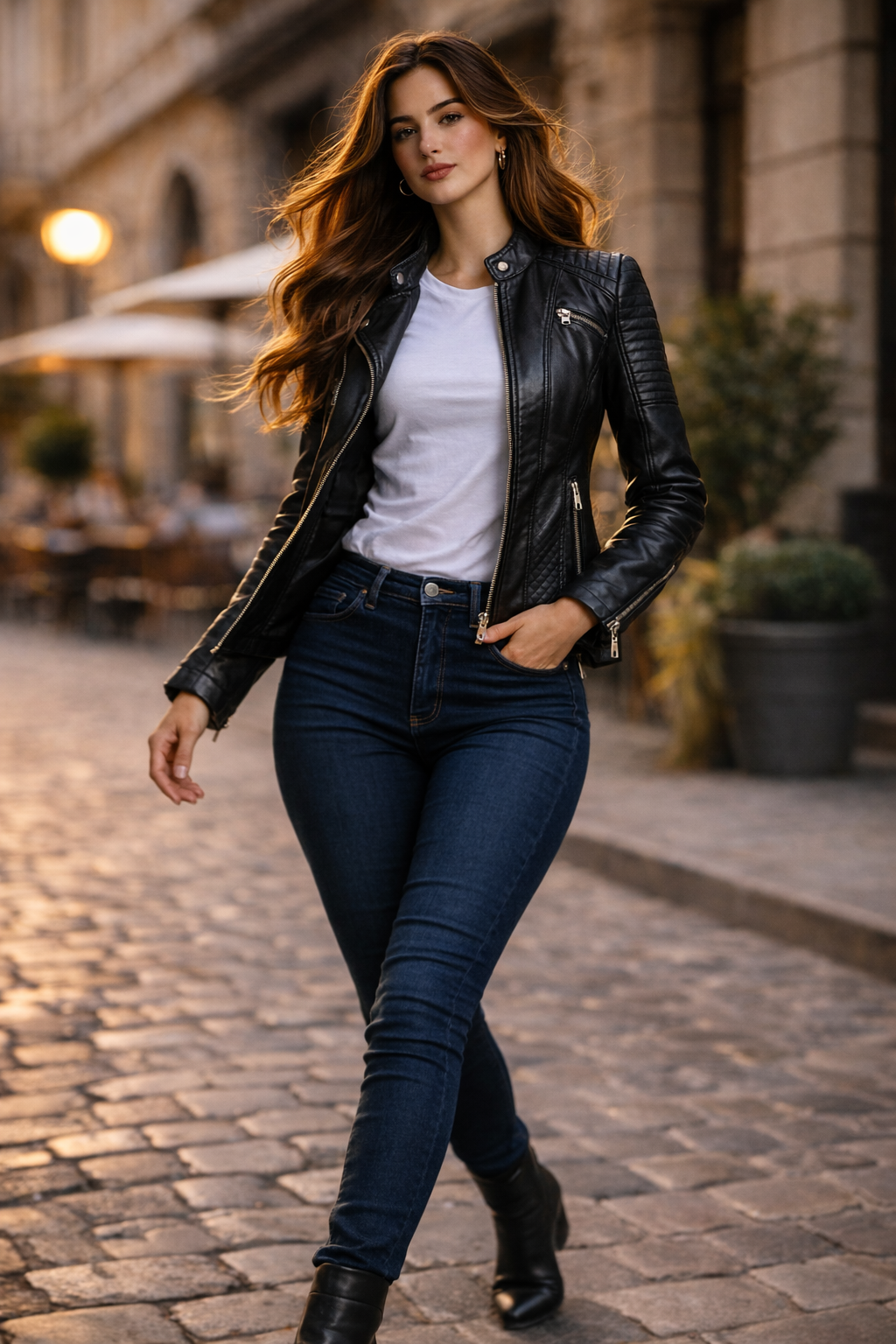 Chiodo aus echtem Leder mit Steppung Damen Roma – Bild 6