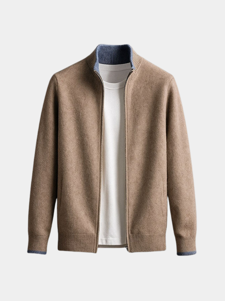 Zip-Pullover mit Kontrastbordüre Herren Celso Camel – Weiss Modehaus