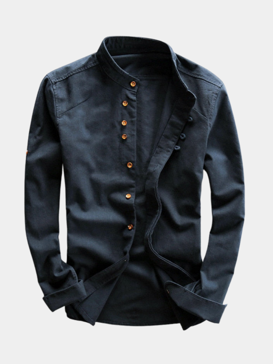 Herrenhemd im japanischen Stil Cristiano Marineblau – Weiss Modehaus
