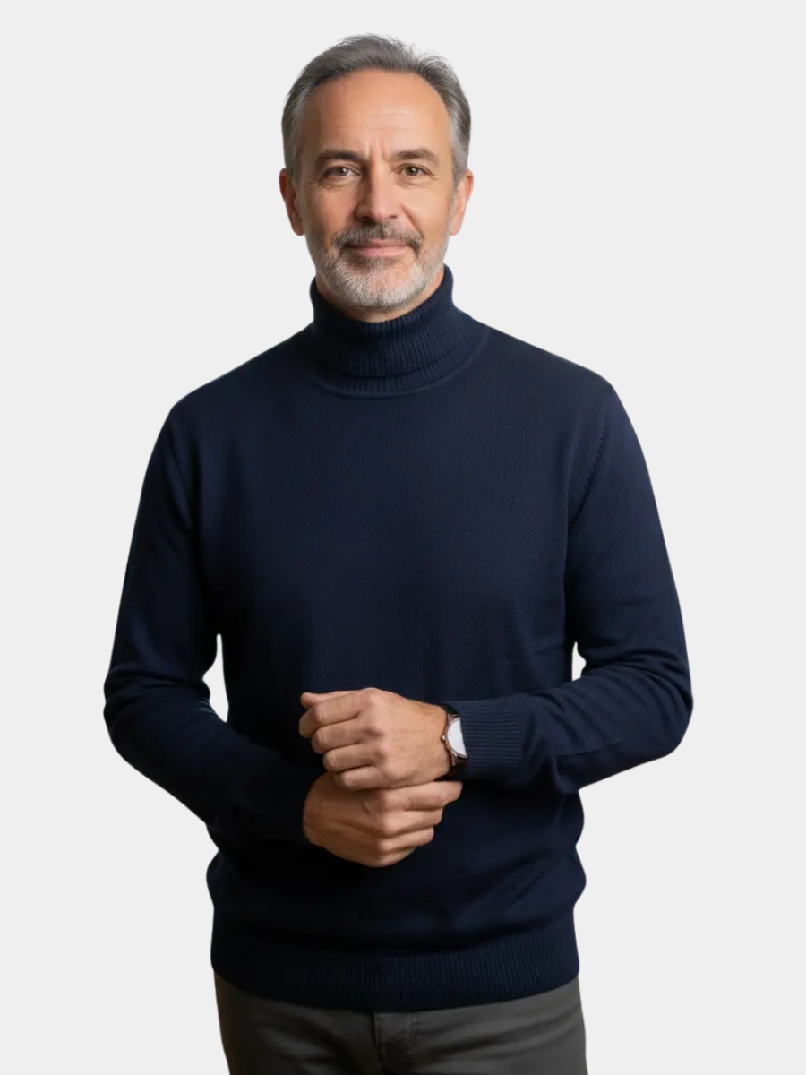 Feinstrick Rollkragenpullover für Herren Manfredi Marineblau – Weiss Modehaus