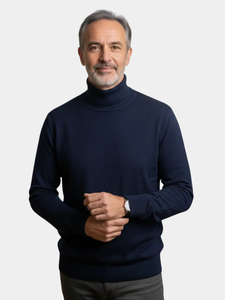 Feinstrick Rollkragenpullover für Herren Manfredi Marineblau – Weiss Modehaus