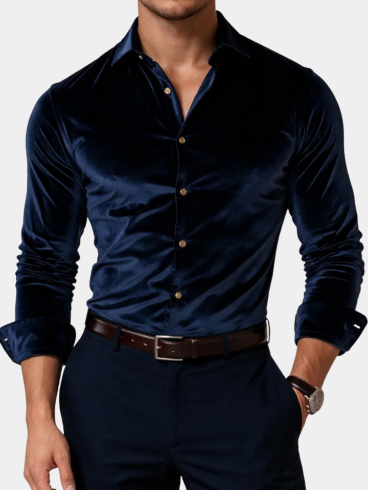 Herrenhemd aus Samt Maurizio Marineblau – Weiss Modehaus
