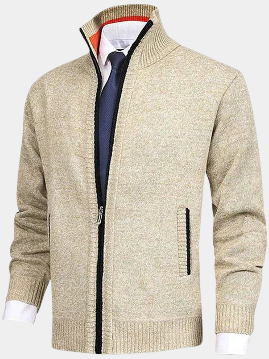 Herren Cardigan mit Stehkragen Alfredo Beige – Weiss Modehaus