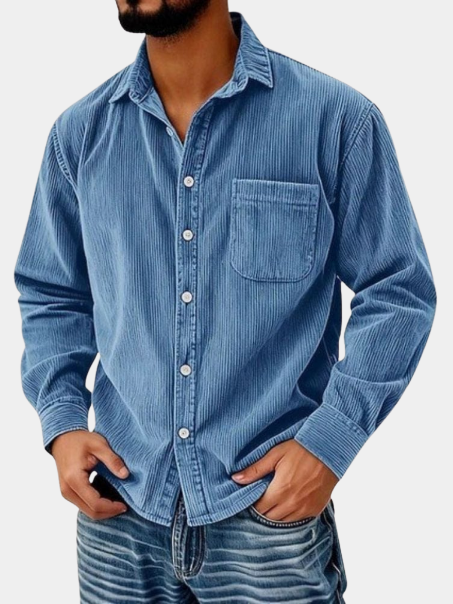 Knopfleiste Hemd aus Cord Herren Ruggero Blau – Weiss Modehaus