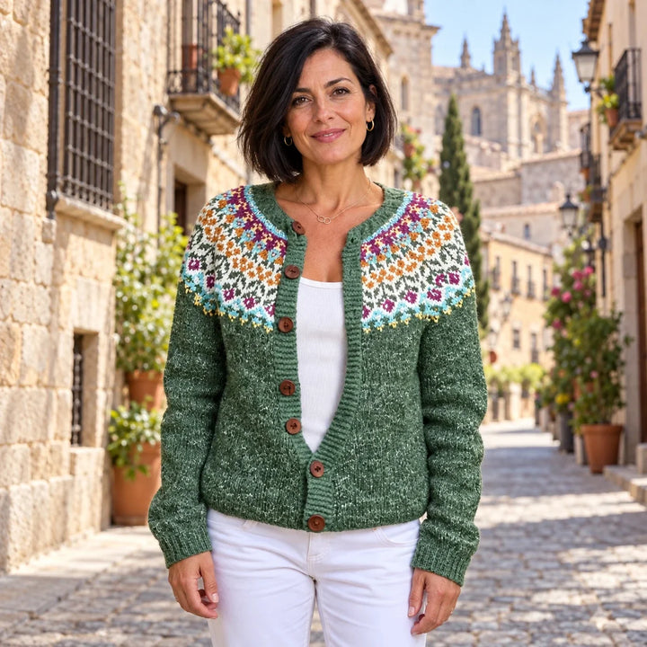 Isländischer Cardigan mit mehrfarbigem Einsatz Damen Anabel – Weiss Modehaus