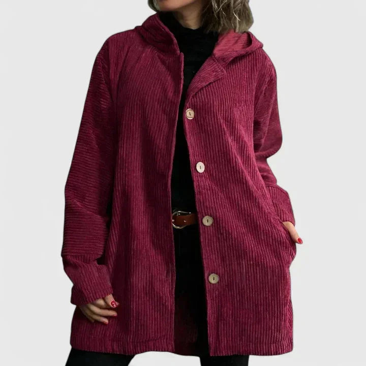 Hellbraune Cordjacke Stefania Rot – Weiss Modehaus
