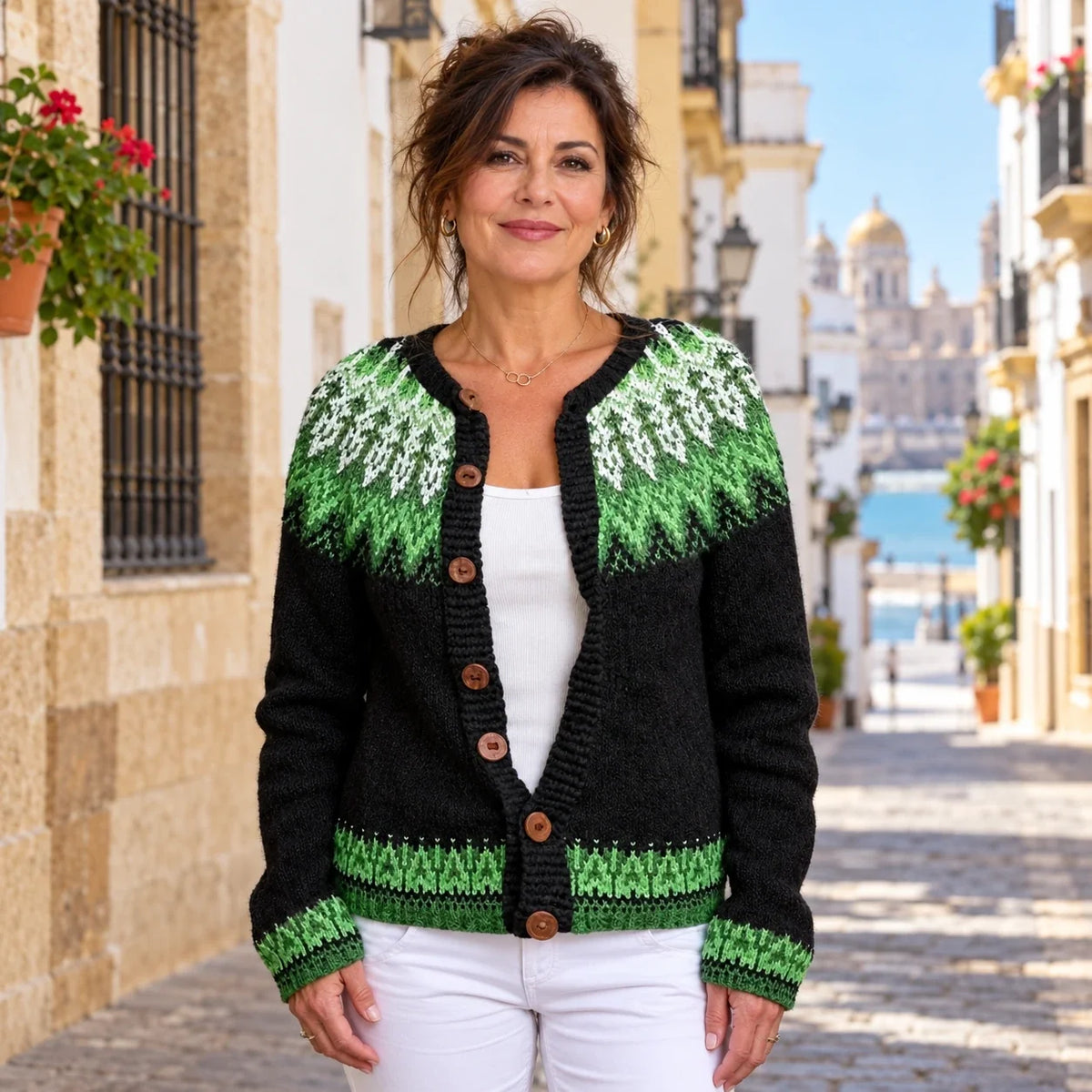 Isländische Strickjacke in Grün und Weiß Damen Cruz – Weiss Modehaus