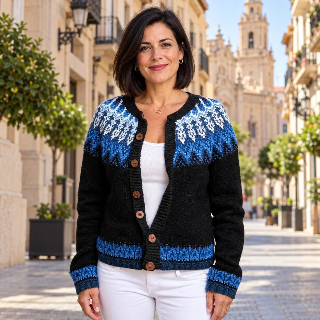 Isländischer Cardigan in Blau und Weiß Damen Elsa – Weiss Modehaus