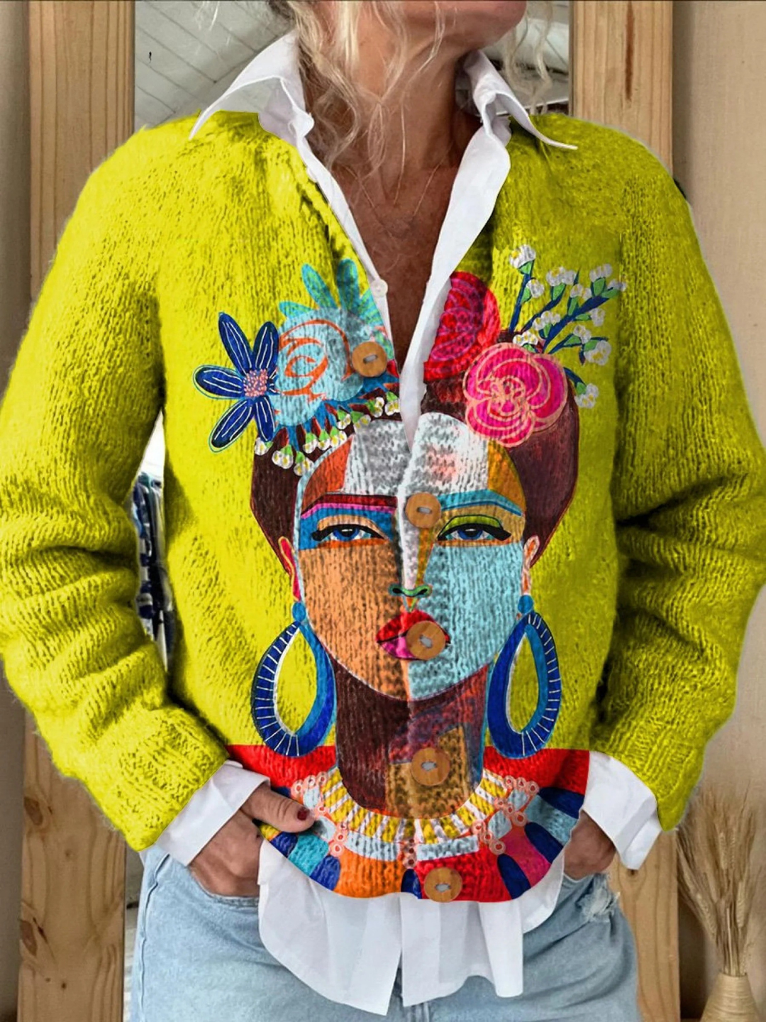 Gelber Cardigan mit künstlerischem Druck Damen Estefanía – Bild 2