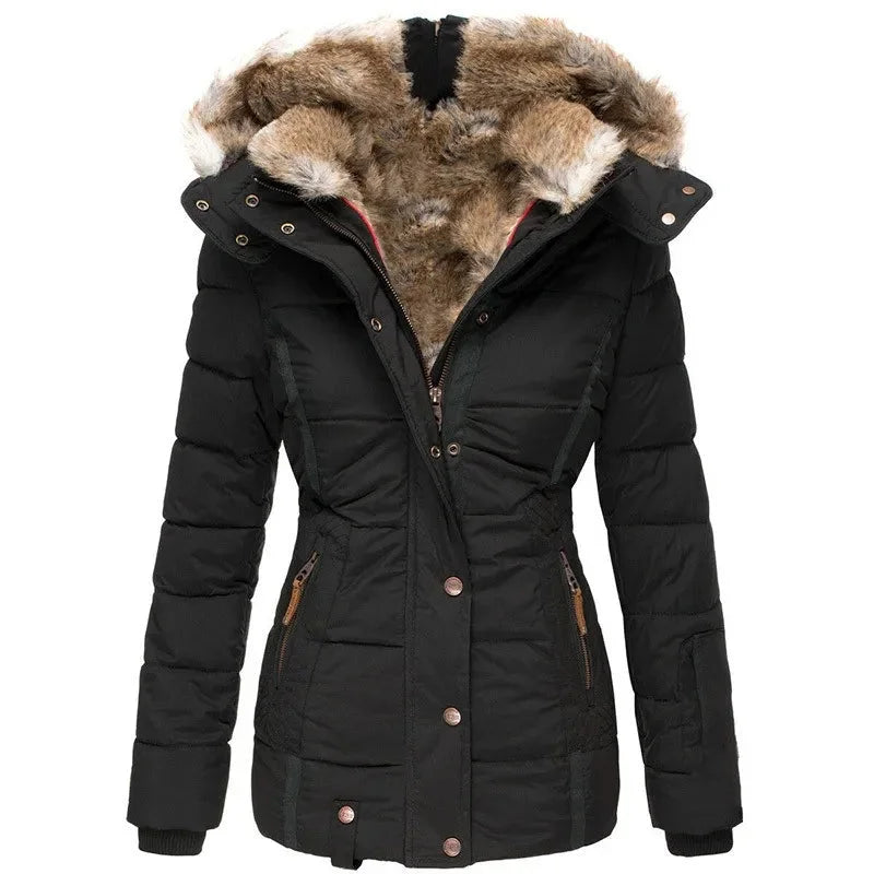 Daunenjacke mit gefütterter Kapuze aus Fell Alba Schwarz – Weiss Modehaus