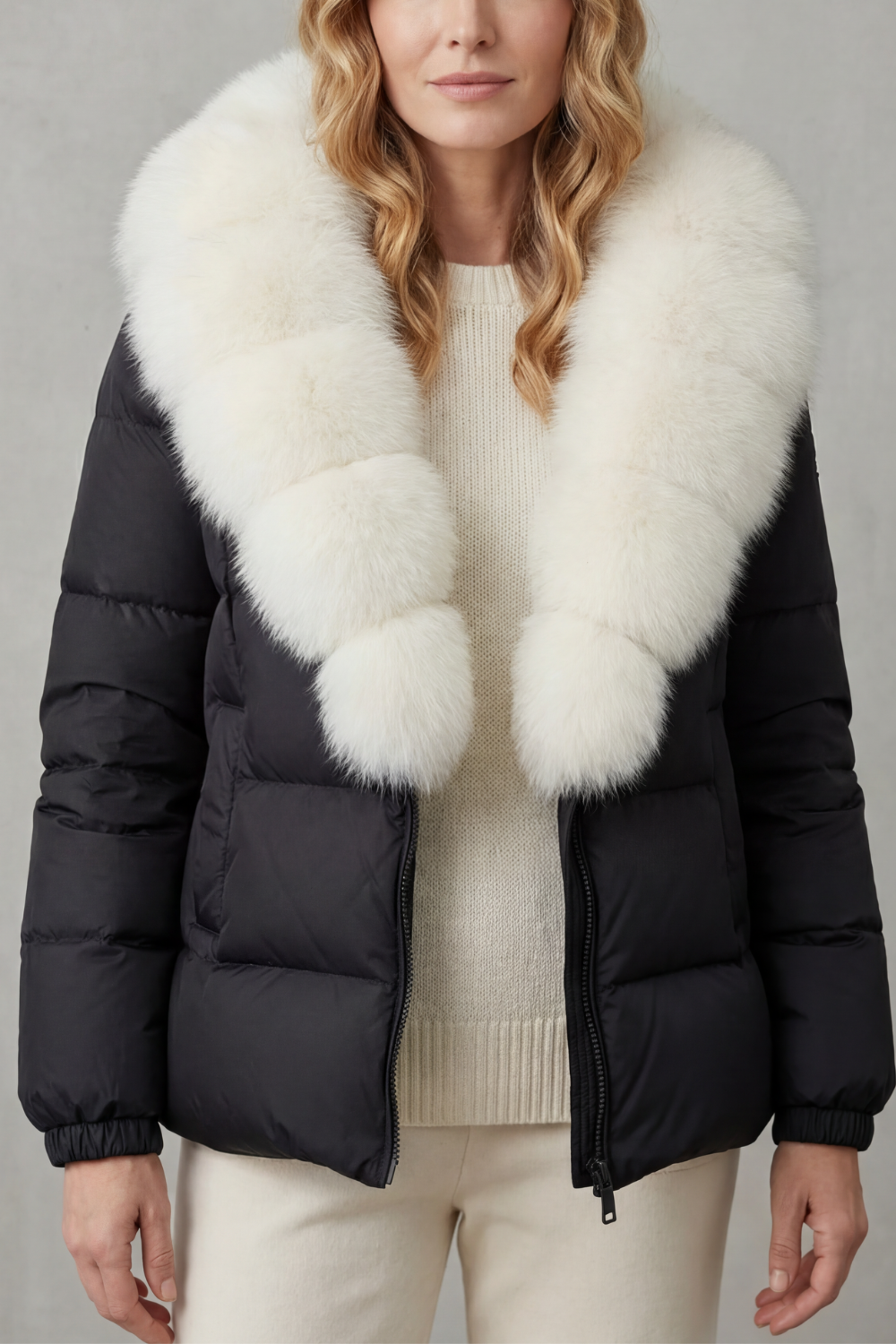 Daunenjacke mit großem Kragen aus Kunstpelz Damen Delia Schwarz Weiß – Weiss Modehaus
