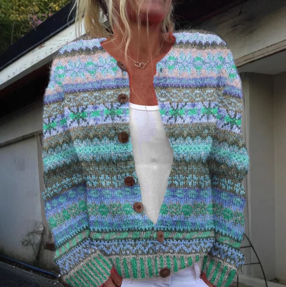 Blauer Cardigan mit geometrischem Muster Damen Hortensie – Bild 2
