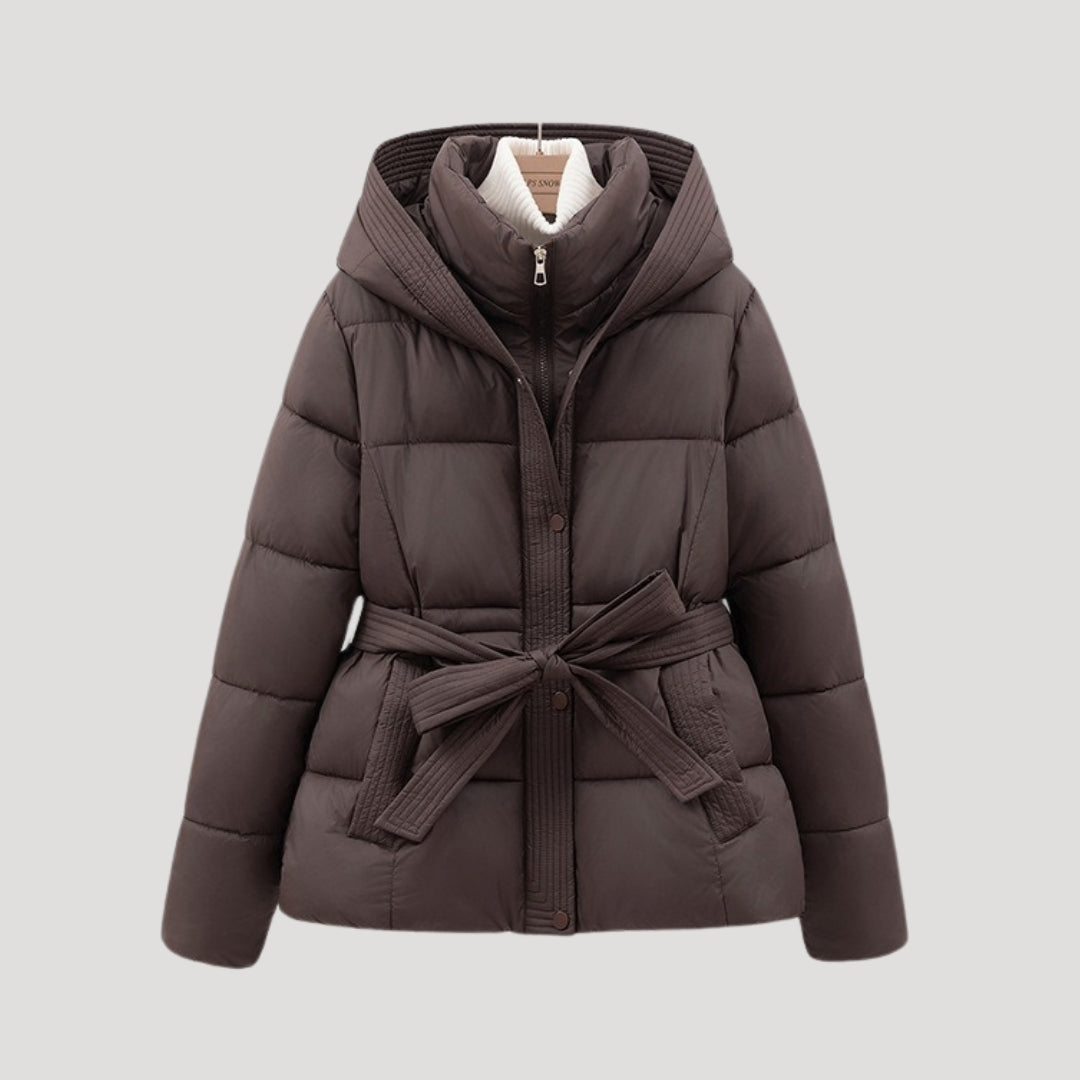 Daunenjacke mit Kapuze und Gürtel Damen Bianca Braun – Weiss Modehaus