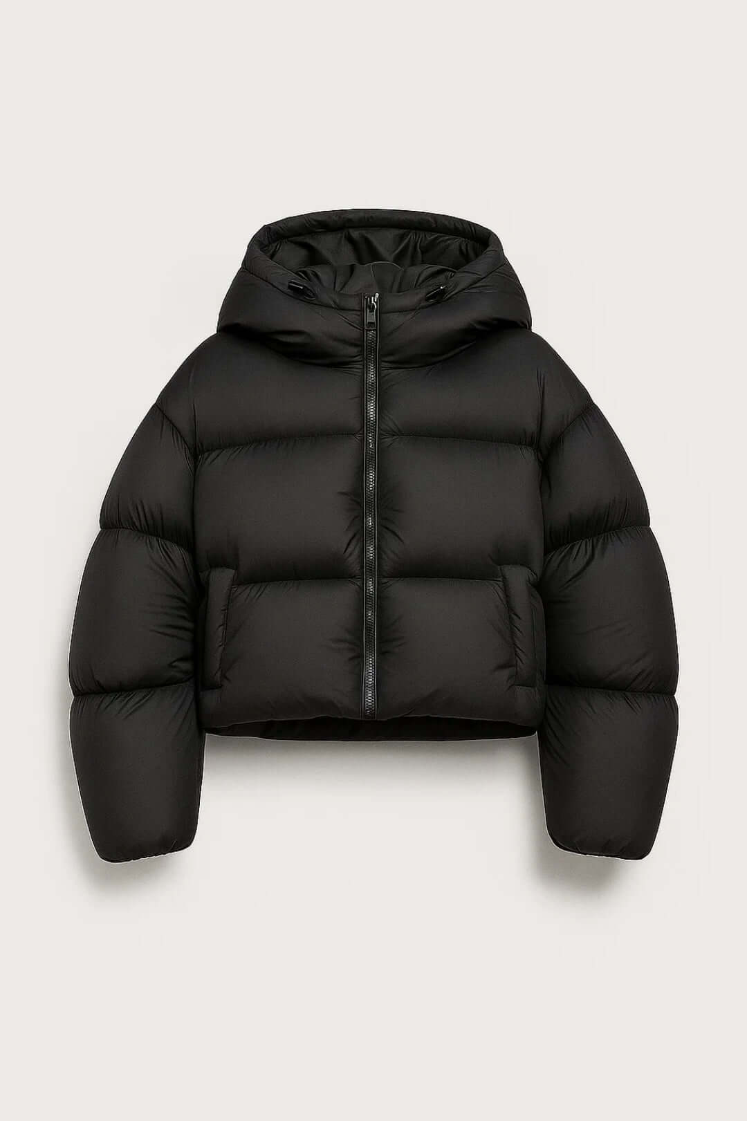 Kurze schwarze Daunenjacke mit Kapuze Damen Graziella Schwarz – Weiss Modehaus