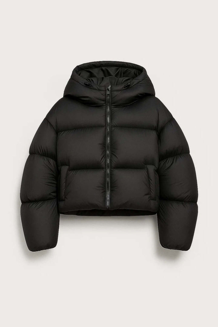 Kurze schwarze Daunenjacke mit Kapuze Damen Graziella Schwarz – Weiss Modehaus