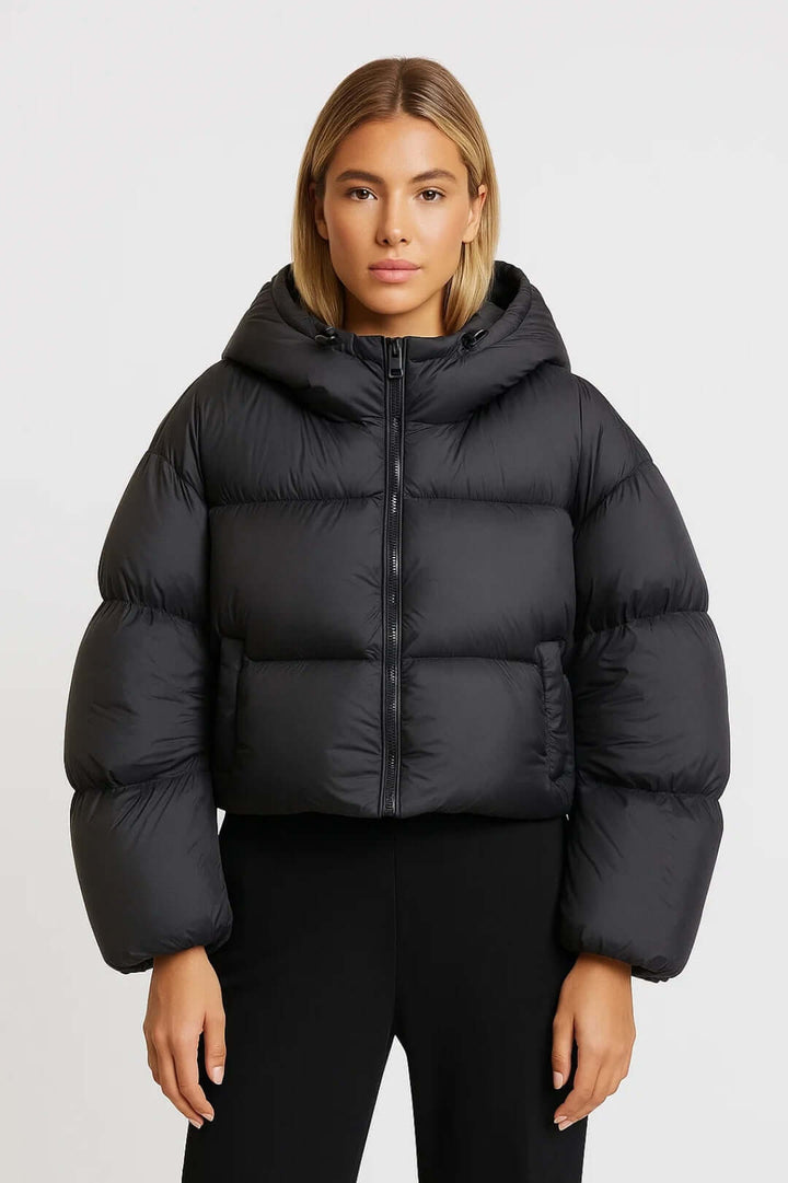 Kurze schwarze Daunenjacke mit Kapuze Damen Graziella – Bild 2