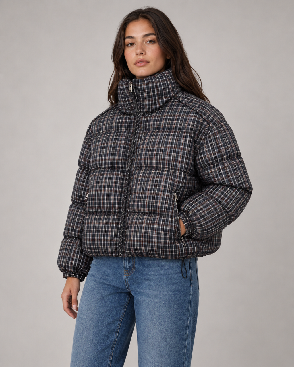 Karierter Daunenmantel mit Stehkragen Damen Raffaella Karierter – Weiss Modehaus