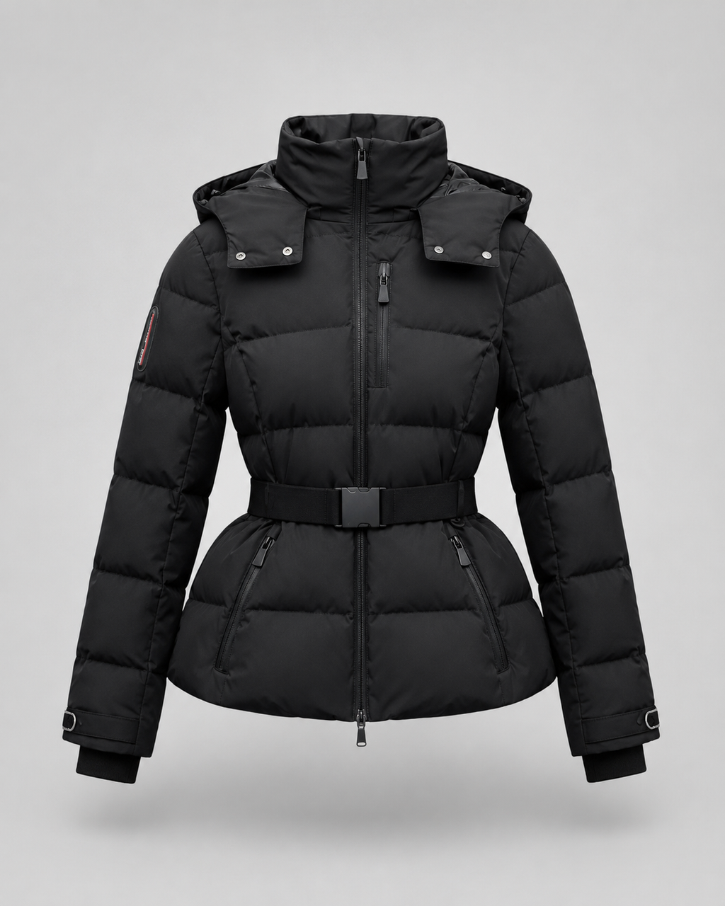 Daunenjacke mit Gürtel und abnehmbarem Kapuzen Damen Rita Schwarz – Weiss Modehaus