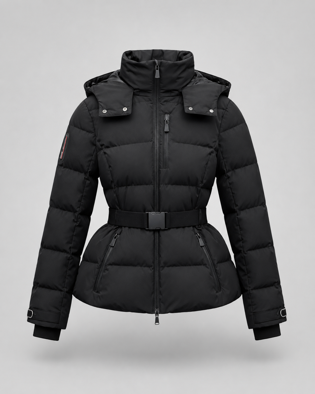 Daunenjacke mit Gürtel und abnehmbarem Kapuzen Damen Rita Schwarz – Weiss Modehaus