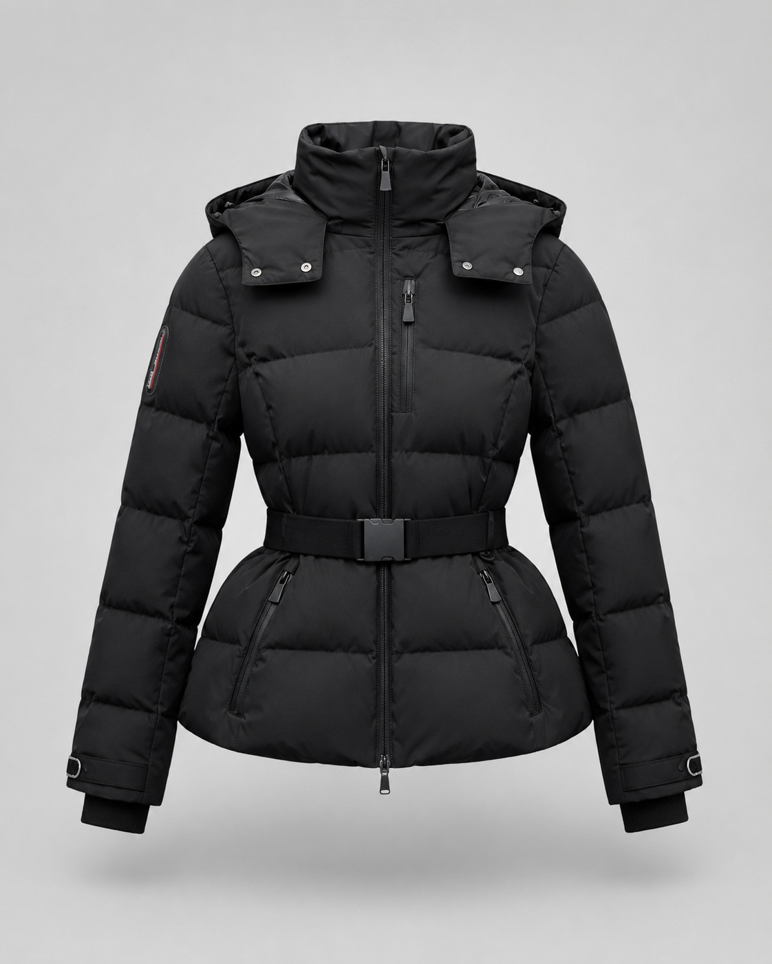 Daunenjacke mit Gürtel und abnehmbarem Kapuzen Damen Rita Schwarz – Weiss Modehaus