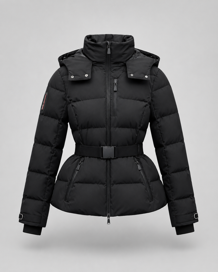 Daunenjacke mit Gürtel und abnehmbarem Kapuzen Damen Rita Schwarz – Weiss Modehaus