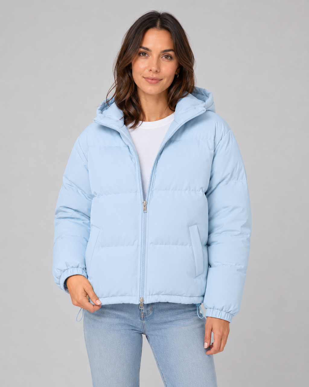 Winterjacke mit Kapuze Damen Petra Himmelblau – Weiss Modehaus
